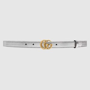 Gucci Marmont Thin Metallic Silver Belt with Gold GG Buckle